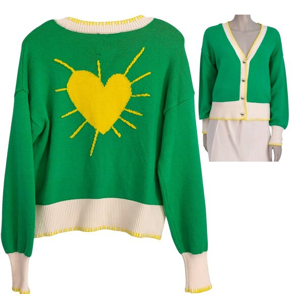 Kerri Rosenthal Heart Sunshine Cardigan Sweater XS Fits M Green Yellow Like New - Picture 1 of 13